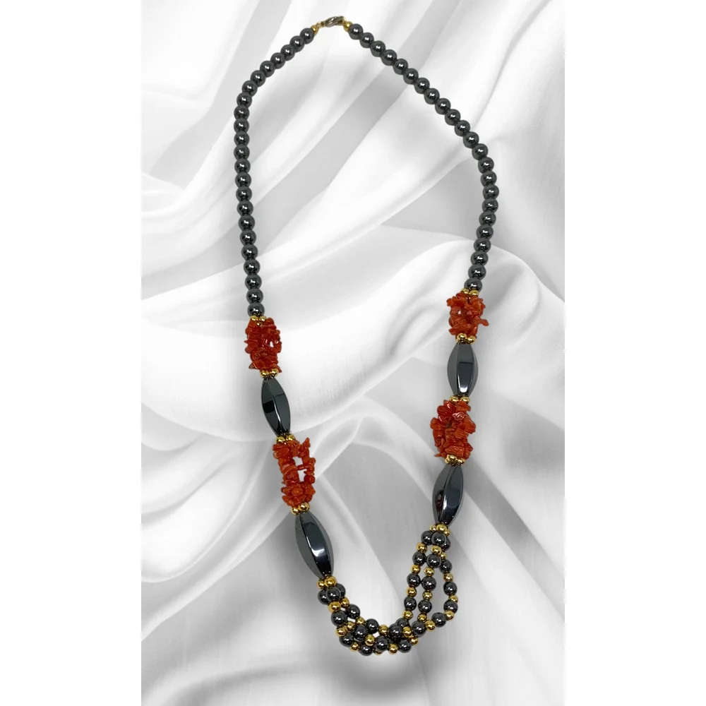 Vintage Y2K Hematite Red Coral Beaded Necklace Art Deco Nouveau Style Modernist